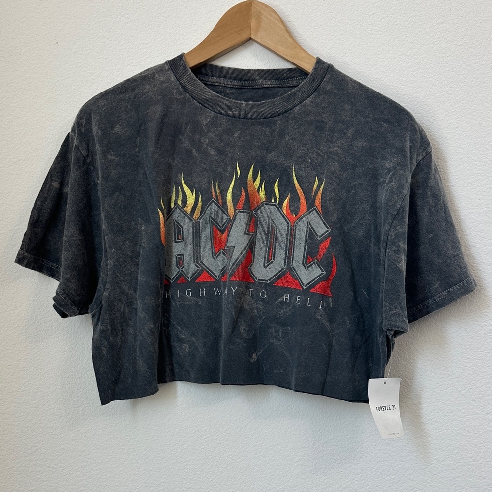 AC/DC Womens Gray Acid Bleach Wash logo w/ Flames Highway To Hell Crop Top M/L